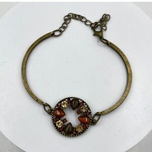 Vintage Bronze Tone Bracelet Amber Rhinestone Circle Link Adjustable Classic